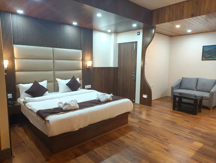 Deluxe room with a sofa, wardrobe and warm wooden finish